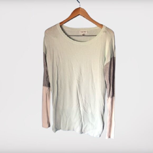 Calvin Klein Mint Striped Shirt with Color Block Sleeves & Side Zipper – Size S - Picture 2 of 6